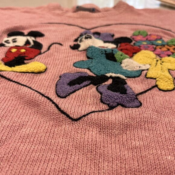 Sunday Comics Sweater M Vintage Mickey Minnie Flowers Short Sleeve Pink Textured - Picture 7 of 9